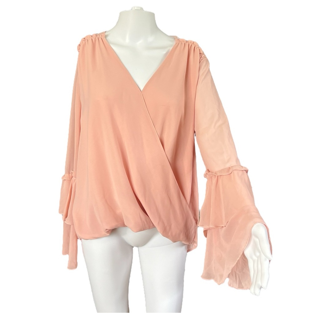 Marbled Reunited Clothing - Womens Pink Wrap Hi-Low Bell Sleeve Blouse Sz. LG/XL
